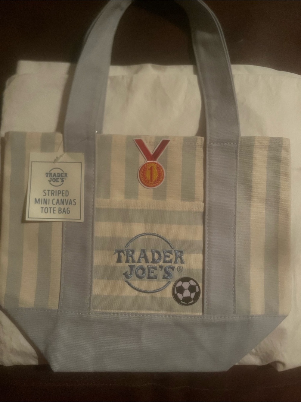 Trader Joe's Mini Light Blue Striped Canvas Tote - Live Love Soccer - Picture 2 of 2